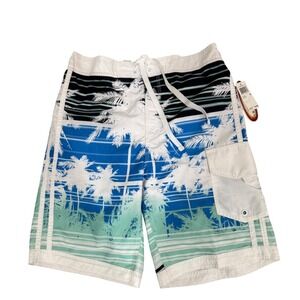Mens Palm Tree lined Board Shorts Blue Teal Tropical Swim Trunks Size M NWT
